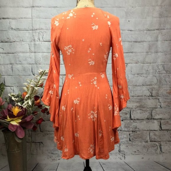 New Free People Jasmine embroidered faux wrap surplice trumpet sleeve mini dress - Picture 9 of 16